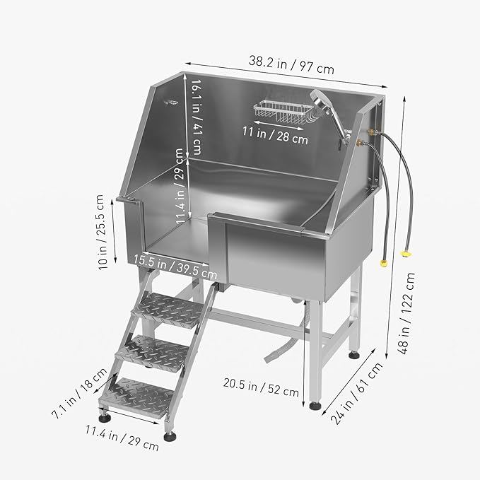 Dog Grooming Tub 38inch Stainless Steel Dog Bathing Station with Non-Slip Steps Faucet for Small to Large Pet up to 220lbs – Pet Wash Tub for Home Grooming Use