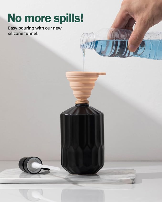 Fun Elements Bathroom Soap Dispenser, 16 Oz Luxurious Hand soap Dispenser for Bathroom, Ceramic Liquid Soap Dispenser for Bathroom Countertop with Plastic Pump, Silicone Funnel（Black Bottle）