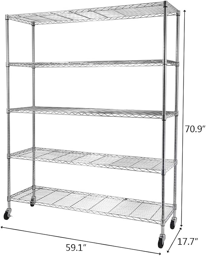5 Tier Storage Racks Shelving, Heavy Steel Pantry Shelves, Adjustable Wire Shelving Rack with Wheels, Suitable for Garage, Kitchen, Bathroom, Office, 59" W x 18" D x 71" H, Chrome