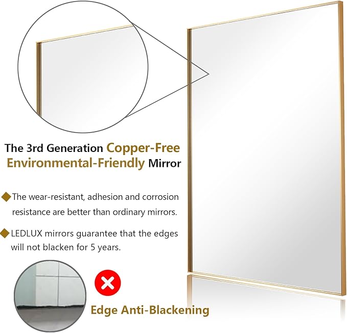 30x30 Inch Gold Bathroom Mirror, Copper-Free Mirror, Aluminum Alloy Frame Vanity Mirror, Rectangle Wall Mounted Mirror, Modern Mirror for Bedroom/Living Room/Porch Horizontal or Vertical