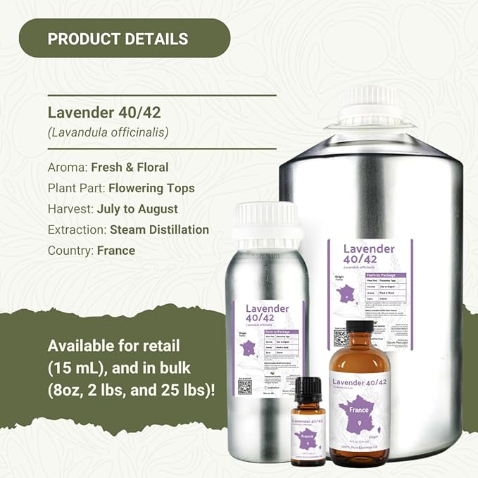 Lavender 40/42 Essential Oil Direct from France - Essential Oil for Candle Making and Soaps - Pure Lavender 40/42 Oil for Aromatherapy, Skincare, Haircare, Perfumes (2lbs)