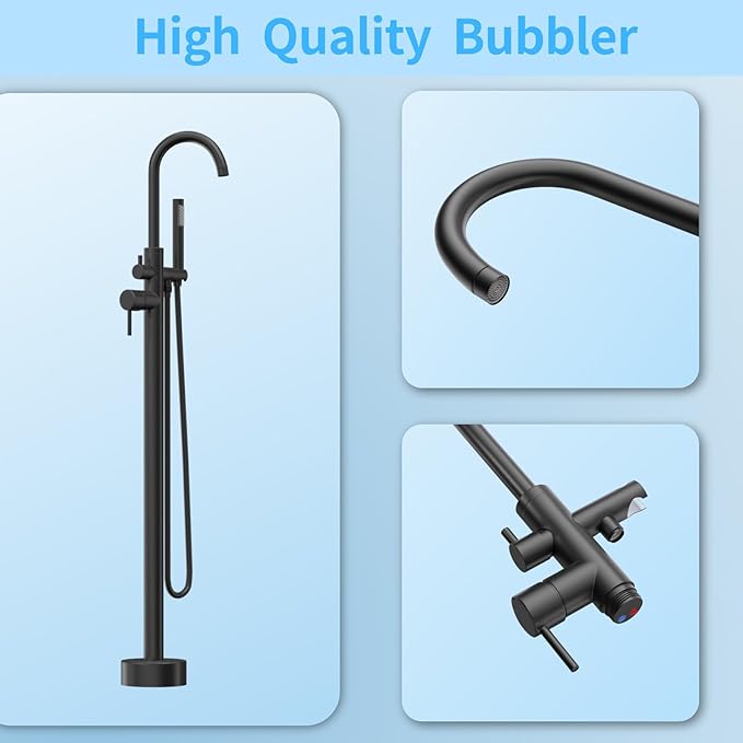 Freestanding Tub Filler Matte Black Floor Mount Bathtub Faucet Bathroom,Rough-in Valve 2 Function Handshower for Tub Rinsing Bathing,Anti-Wobble Base,Cylinder Handheld