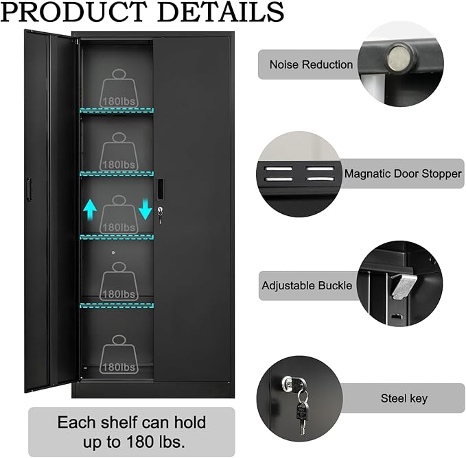 Metal Storage Cabinet, 72 Inch Tall Metal Storage Cabinet with Doors and Shelves, Pantry Cabinets for Kitchen Storage, Garage Cabinet for Living, Dining Room, Assemble Required.