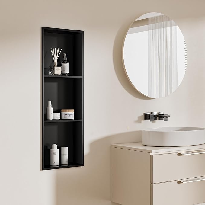 36x12 Inch No Tile Needed Shower Niche - 304 Stainless Steel Niche Shower with 3- Tier Shelves Recessed Wall Niches for Bathroom Storage,Matte Black