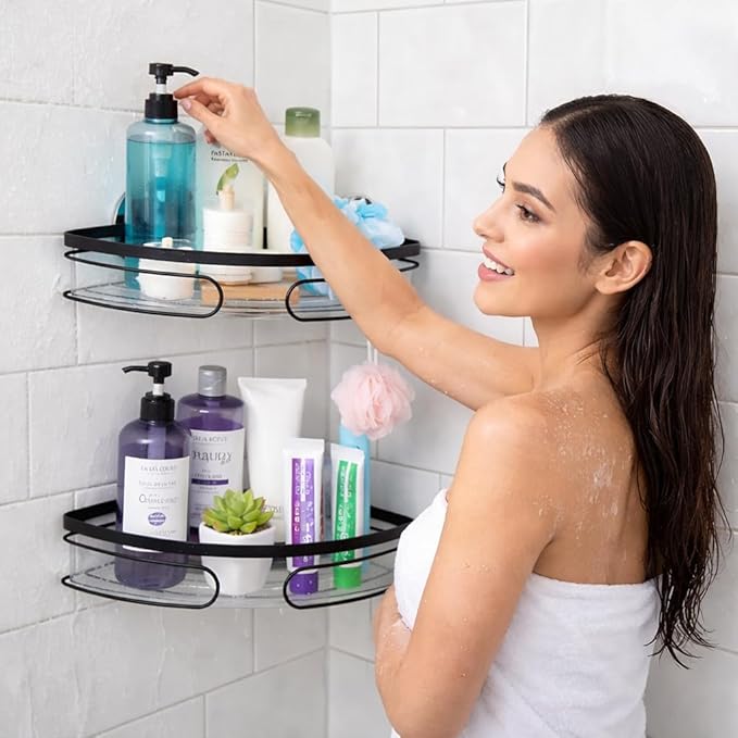 2-Pack Corner Shower Caddy – Rust-Resistant Wall-Mounted Bathroom Organizer with Included No-Drill Adhesives for Shampoo, Soap & Toiletries - Black (1-Layer, Triangle)