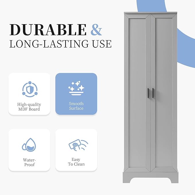 Favfurish 70" Tall Bathroom Storage Cabinet with Doors,Modern Linen Cabinets w/Adjustable Shelves & Anti-Tipping Device,Easy Assembly,Freestanding Organizer for Dining Room,Kitchen,Office,Grey