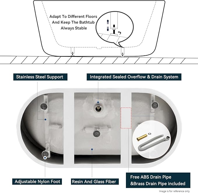 FerdY Shangri-La 55" Acrylic Freestanding Bathtub, Ergonomic Lightweight Classic Oval Soaking Bathtub with Polished White Drain, Minimalist Linear Design Overflow, Modern White