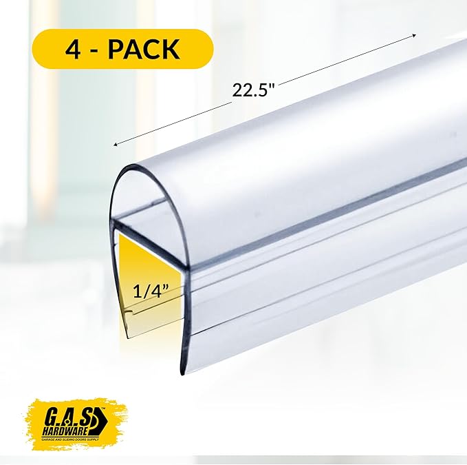 1/4" (6mm) Frameless Shower Door Seal – U-Type 22.5" (57.2cm) Ultra-Clear Bottom & Side Drip Rail Sweep Strips, 4 Pieces for Leak Protection, Water Control & Easy DIY Installation