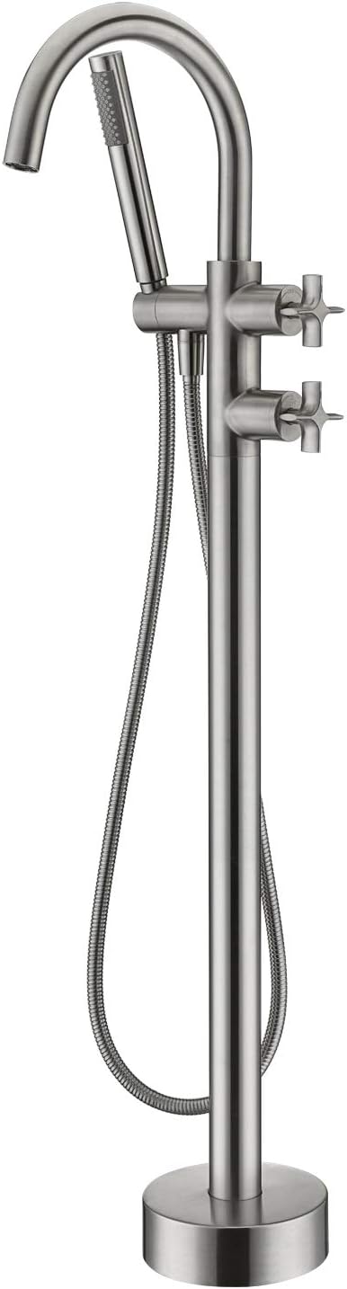 Tub Filler Freestanding Bathtub Faucet Brushed Nickel Floor Mount Brass Faucets with Hand Shower