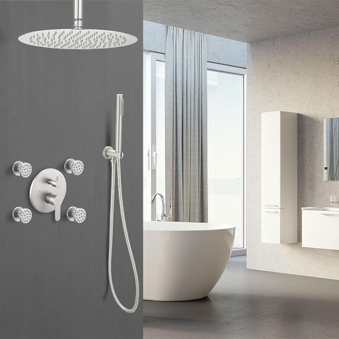 Brushed Nickel Round Shower Faucet Set with Body Jets 16 Inch Shower Head Handheld Shower Combo Set High Pressure Ceiling Mount with Rough-in Valve