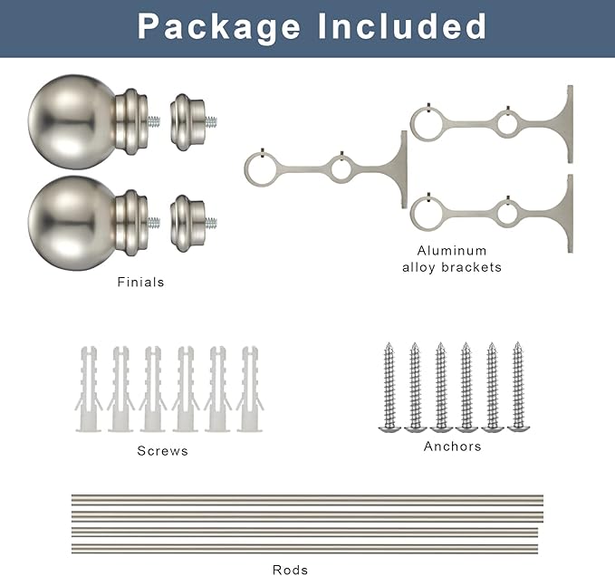 Double Curtain Rod 48 to 84 inch, Adjustable 1 inch Double Drapery Rod Rods for Windows and Doors with Ball Round Finials and Premium Aluminum Brackets Set(48-84",Brushed Nickel)