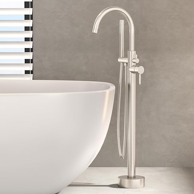 Freestanding Bathtub Faucet Waterfall Tub Filler Brushed Nickel Floor Mount Brass Single Handle Bathroom Faucets with Hand Shower (Brushed Nickel, The bottom of the water)