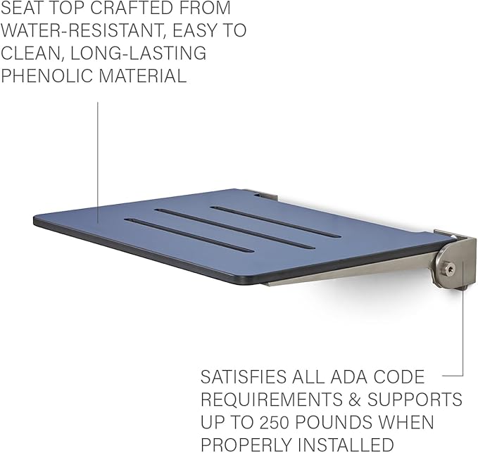 18 inch Silhouette Slimline Folding Wall Mount Shower Bench Seat, Navy Seat with Silver Frame