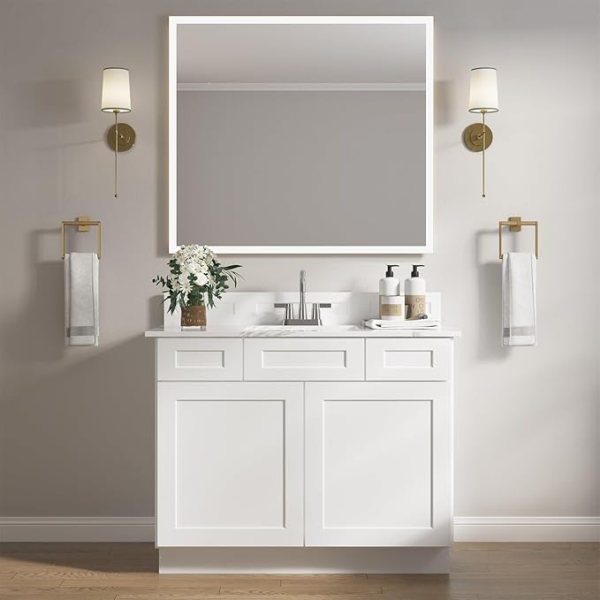 ROOMTEC Bathroom Cabinet, 42'' Free Standing Single Bathroom Vanity with 2 Drawers and 2 Doors,Soft-Close Drawer Slides Morden Bathroom Sink Vanity Storage Cabinet, Shaker White