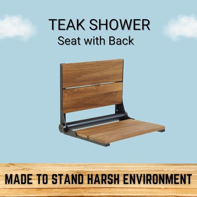 Teak Shower Seat - Contour Wood / Folding Wall Mount Bench for Inside Shower / ADA Safety Assist / 304 Stainless Steel / Matte Black / 26" x 16"