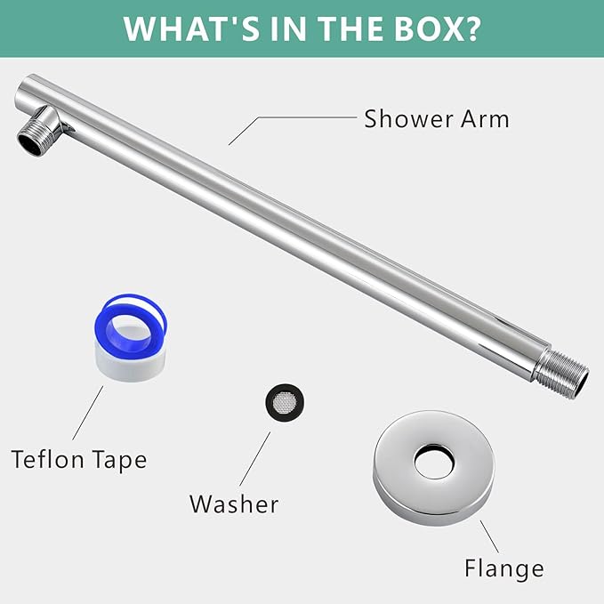 Voolan 15" Round Shower Arm with Flange and Teflon Tape, Extension Shower Head Arm for Bathroom Fixed Shower Head, Solid Stainless Steel, Wall Mounted (Chrome)