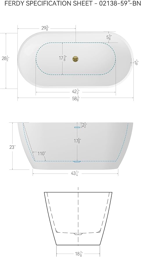 FerdY 59" Bali Elite Acrylic Freestanding Bathtub, Gracefully Shaped Freestanding Soaking Bathtub, cUPC Certified, Toe-Tap Polished Gold Drain and Minimalist Linear Design Overflow Included
