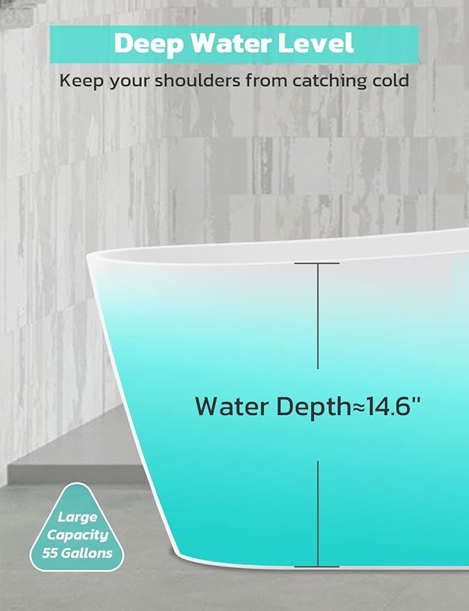 Freestanding Bathtub, 55 inch Acrylic Free Standing Soaking Bathroom Tub with Brushed Nickel-Finished Overflow and Anti-Clogging Drain, Easy Installation