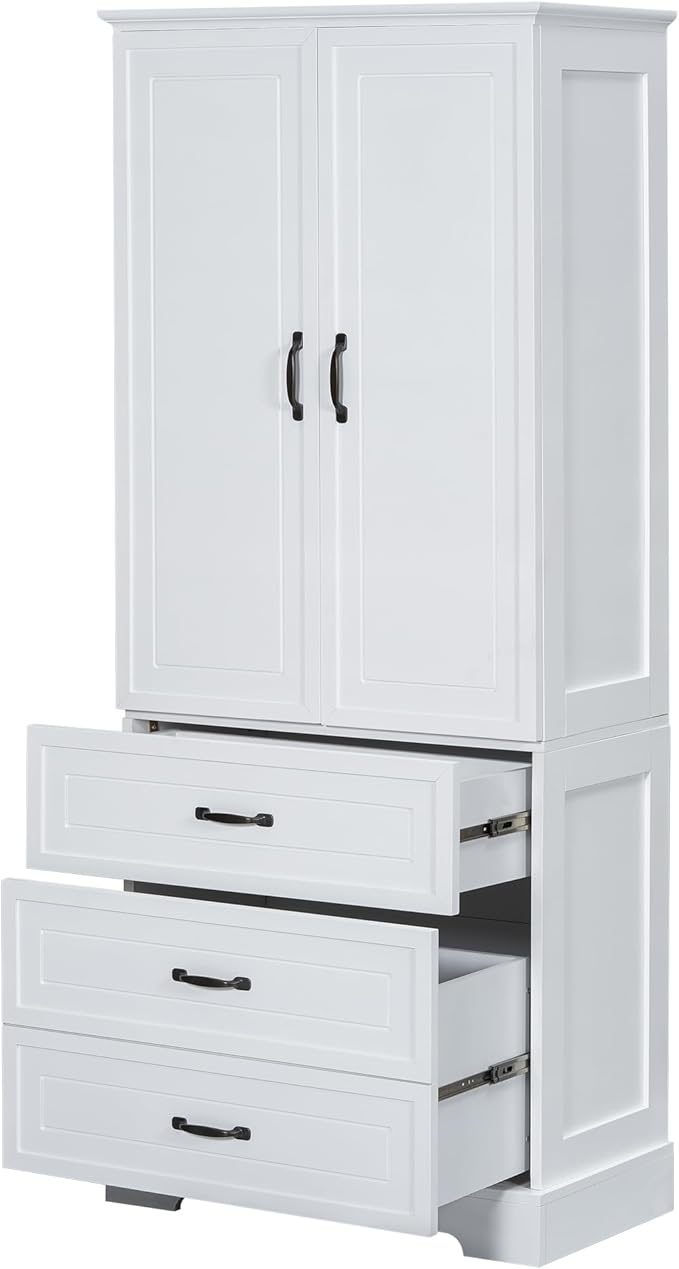 Favfurish 69" Tall Bathroom Storage Cabinet with Doors and 2 Drawers,Modern Linen Cabinets w/Adjustable Shelf & Magnetic Door Stopper,Freestanding Organizer for Dining Room,Kitchen,Office,White
