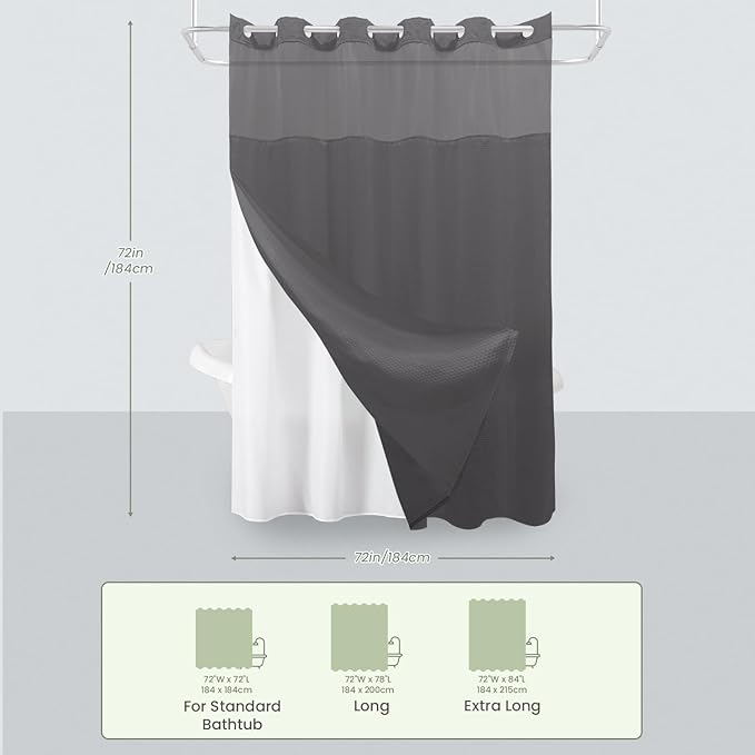 Inhousolu No Hook Shower Curtain with Snap in Fabric Liner Set Waffle Weave 230GSM Weighted Hem, Waterproof & Washable Bathroom Curtain Spa Luxury with Mesh Top Window 72" W x 72" L Graphite Grey