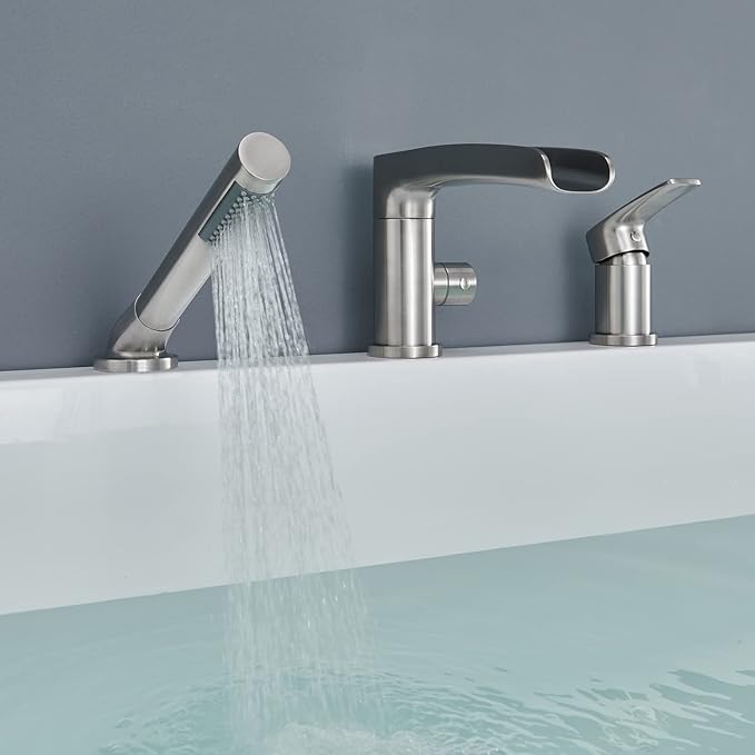 Waterfall Roman Tub Faucet Brushed Nickel Deck Mount Bathtub Faucets Brass Tub Filler Bathroom Faucets with Hand Shower
