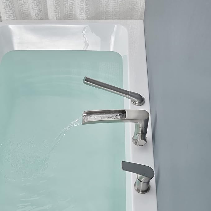 Waterfall Roman Tub Faucet Brushed Nickel Deck Mount Bathtub Faucets Brass Tub Filler Bathroom Faucets with Hand Shower