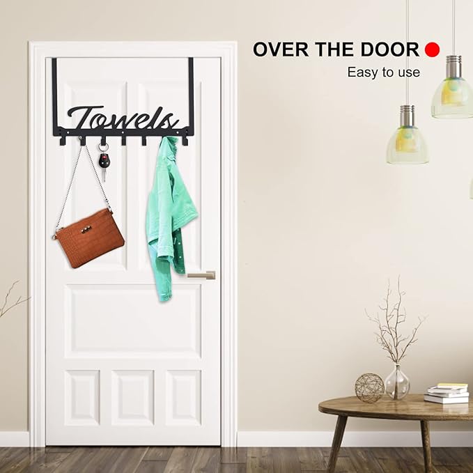 Over The Door Hooks - Heavy Duty Towel Rack with 7 Coat Hooks for Bedroom Bathroom Pool Kitchen
