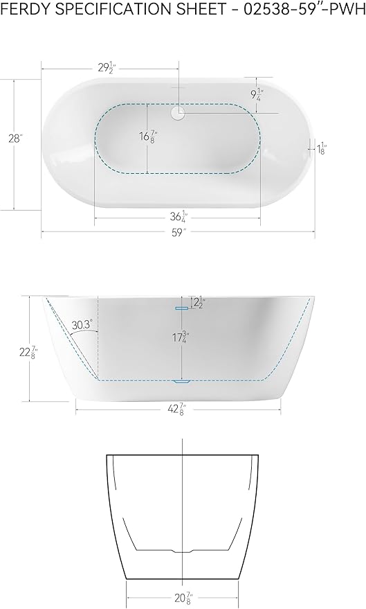 FerdY 59" Bali Acrylic Freestanding Bathtub, Gracefully Shaped Freestanding Soaking Bathtub, cUPC Certified, Toe-Tap Polished White Drain and Minimalist Linear Design Overflow Included