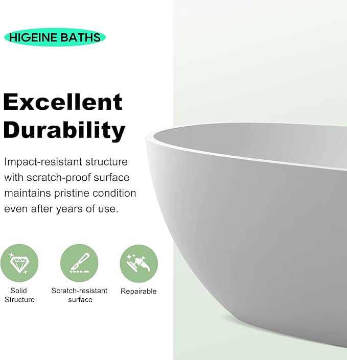 64" Premium Modern Solid Surface Free Standing Bathtubs, Unique Matte White Stone Resin Soaking Tub with Pop-up Drain