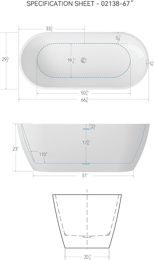FerdY 67" Bali Elite Acrylic Freestanding Bathtub, Gracefully Shaped Freestanding Soaking Bathtub, Toe-Tap Chrome Drain and Minimalist Linear Design Overflow Included, cUPC Certified
