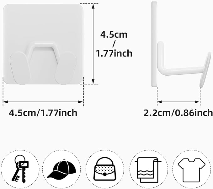 Adhesive Shower Hooks for Bathroom - Extra Sticky Stainless, Wall Hooks for Hanging Towel, Razor, Loofah, Robe, Coat, Heavy Duty Hanger for Kitchen, Bedroom, Door, Metal, Matt White, 6 Pack