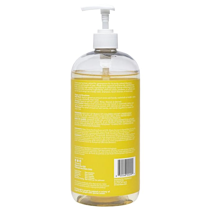 Dr. Natural Castile Liquid Soap - Multi-Use Body Wash, Shampoo and Face Wash - Body Soap for Skin, Hair, Pets and Home - Unscented Baby - 32 oz.