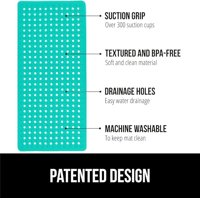 GORILLA GRIP Patented Bath Tub Shower Mat, Machine Washable Bathtub Floor Liner Mats, Suction Cups and Drain Holes to Keep Tubs Clean, Soft on Feet, Bathroom Essentials, 35x16 Inch, Turquoise Opaque