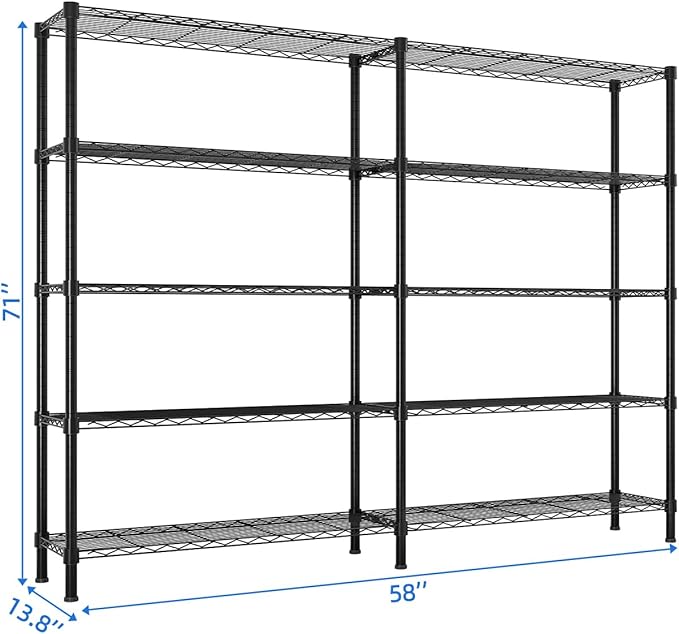 5 Tier Storage Racks Shelving, Heavy Steel Pantry Shelves, Adjustable Wire Shelving Rack, Suitable for Garage, Kitchens, Offices, 58" W x 13.8" D x 71" H, Black