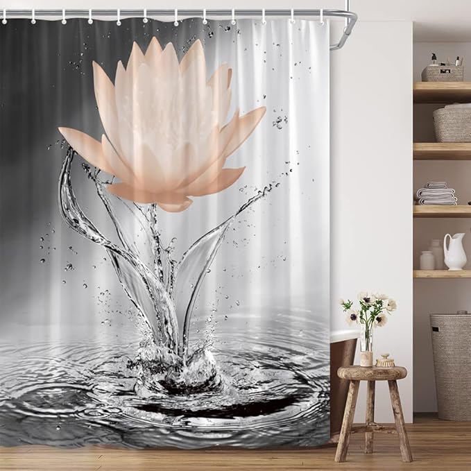 Lotus Shower Curtain Black White Grey Orange Flower Elegant Blooming Floral with Dew Spring Flower Reflection on Water Modern Romantic Polyester Fabric Bathroom Decor 86×70 Inch with Hook