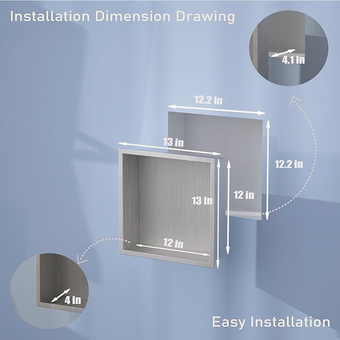 No Tile Needed Shower Niche for Bathroom Storage,Recessed Wall Niche,Shower Shelf,Stainless Steel (Brush, 12 * 12 in)