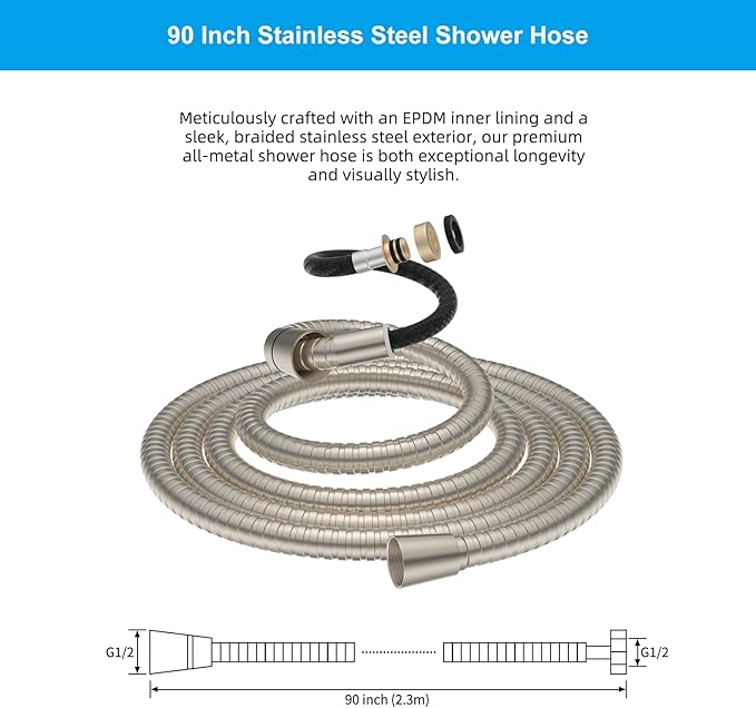 Hibbent All Metal Shower Hose, 90 Inch Stainless Steel Extra Long Bathroom Shower Hose Replacement, Anti-Twist Flexible Handheld Shower Head Hose Extension with Brass Insert & Nut, Brushed Nickel