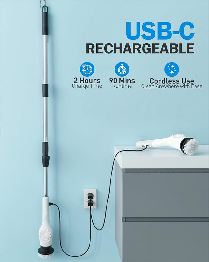 Electric Spin Scrubber, 3-Speed Cordless Shower Scrubber with 90° Adjustable & 10 Replaceable Brush Heads, 90 Mins Runtime & Full-Body IPX7 Waterproof Shower Cleaner Brush with Long Handle