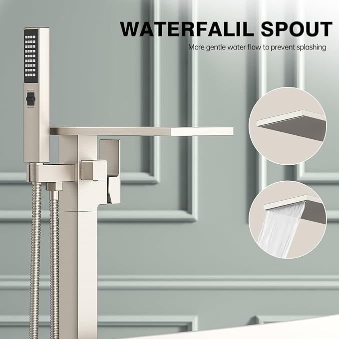 Freestanding Bathtub Faucet with Handheld Sprayer, Brushed Nickel Floor Mount Tub Filler, High Flow Waterfall Brass Bath Shower Faucet for Modern Bathroom