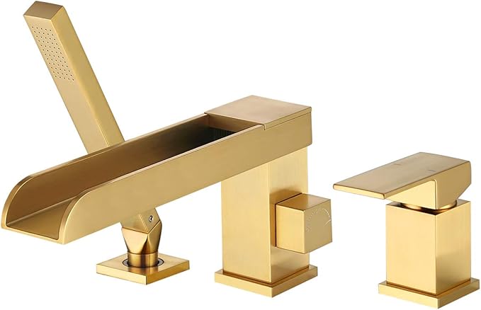 Waterfall Roman Tub Faucets Deck Mount Brushed Gold Bathtub Faucets Brass Tub Filler Bathroom Faucets with Hand Shower