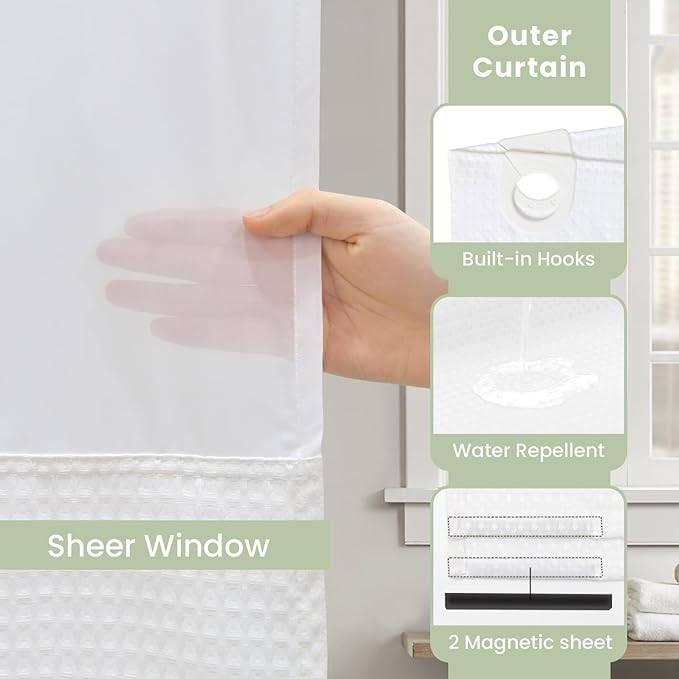 Inhousolu Long No Hook Shower Curtain with Snap in Fabric Liner Set Waffle Weave 230GSM Weighted Hem, Waterproof & Washable Bathroom Curtain Spa Luxury with Mesh Top Window 72" W x 78" L White