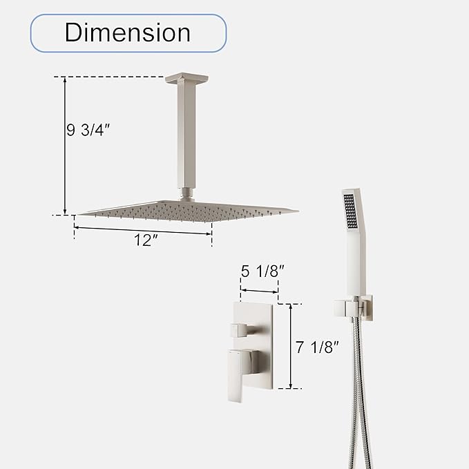 WELLFOR 12-In Ceiling Mount Shower System with Single Handle, Pressure-balanced Valve Included, Waterfall Dual Head Shower Head System, Rain Shower System, Shower Faucet Trim Kits, Brushed Nickel