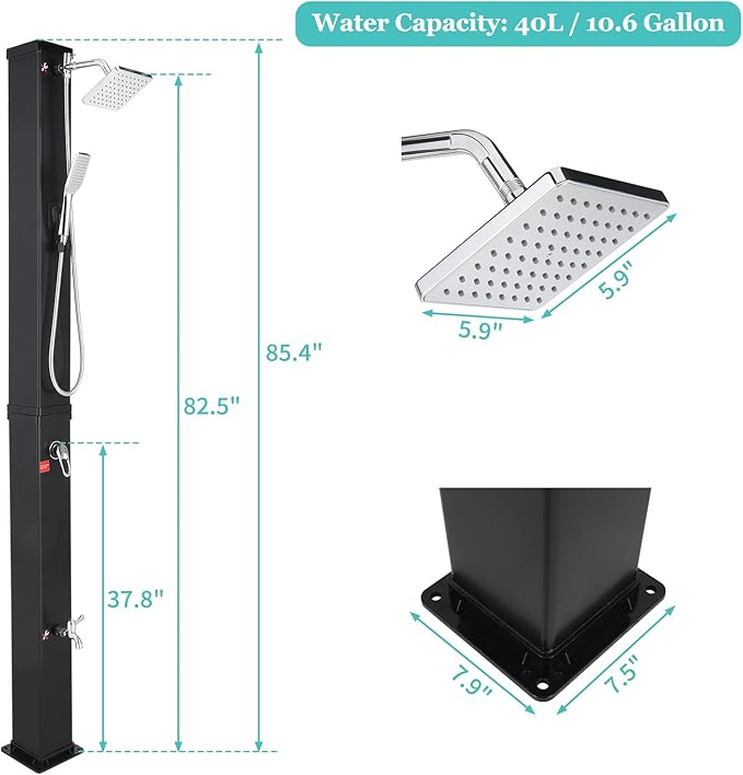 VINGLI 10.6 Gallon 7.5FT Solar Heated Shower with Shower Head, Handheld Showerhead and Foot Shower Tap for Poolside Backyard Beach Pool Spa