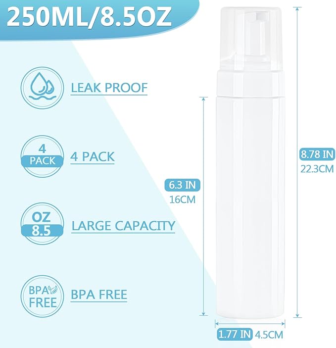 Foam Pump Bottle 8.5oz/250ml White Empty Foam Dispenser Bottle Travel Foaming Hand Soap Bottle Large Refillable Foaming Bottle for Shampoo Cleaning Traveling (4 Pack)