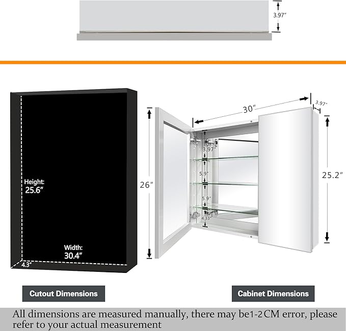 Aluminum Bathroom Medicine Cabinet with Mirror Door, 30"×26" Wall-mountable and Recessed-in Mirror Cabine, Bathroom Mirror Cabinet, 2 Doors Medicine Cabinet Organizer