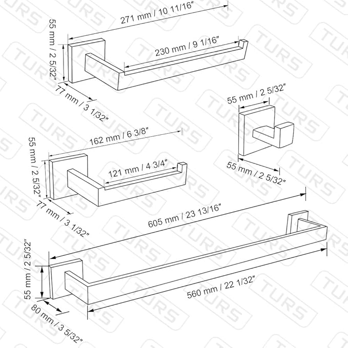 TURS 5-Piece Bathroom Hardware Set Brushed Nickel Towel Bar Set Bath Towel Holder Sets Hand Towel Holder 2 Towel Hooks, SUS 304 Stainless Steel, Q7BR-P5