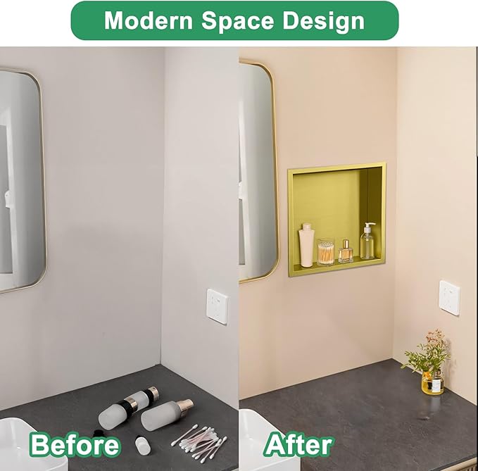 SaniteModar Shower Niche, Stainless Steel Shower Niche 12" X 12" No Tile Needed, Recessed for Bathroom Storage, Brushed Gold (Brushed Gold, 12x12)