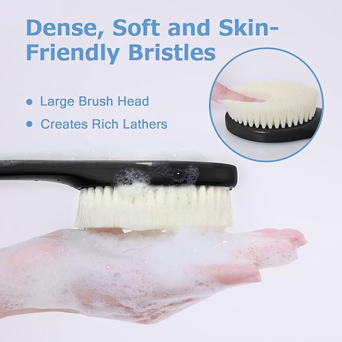 Body Back Scrubber – 17'' Long Handle Shower Brush, Durable Exfoliator for Dry & Wet Use, Deep Cleansing & Gentle Exfoliation for Smooth Skin – for Men, Women & Elderly (Black)