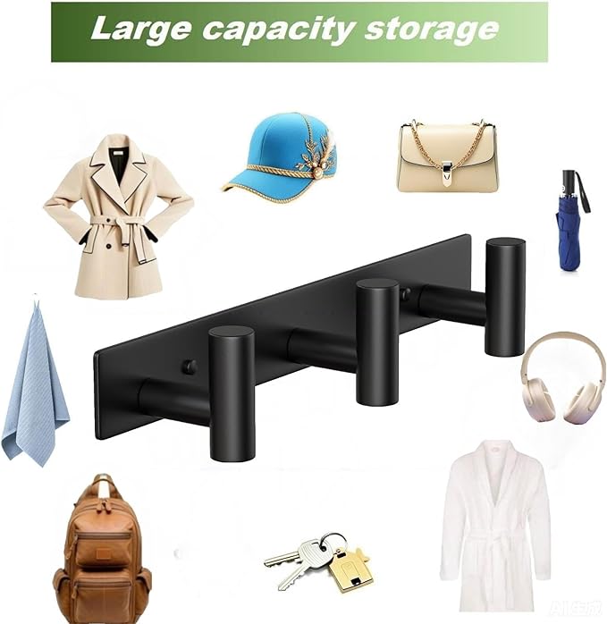 Wall Mounted Coat Rack-3 Hooks, Heavy Duty Stainless Steel Wall Hooks for Towel Coat Bag, Hat Rack Coat Hanger Coat Hooks Towel Racks for Bathroom Entryway Kitchen Hotel Office (Black, 1 Pack)