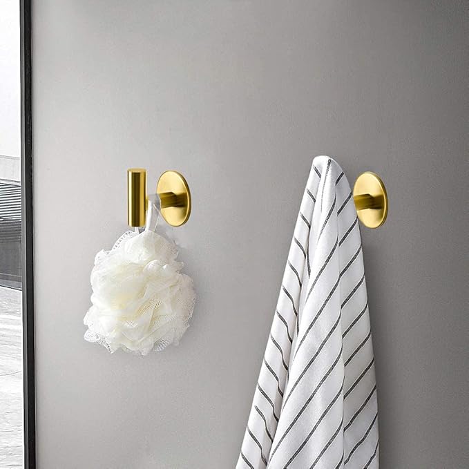 Vuzvuv Adhesive Brushed Gold Hooks, SUS304 Stainless Steel Self-Adhesive Towel Coat Robe Heavy Duty Waterproof Hook for Bathrooms Kitchen Hotel (2-Pack)